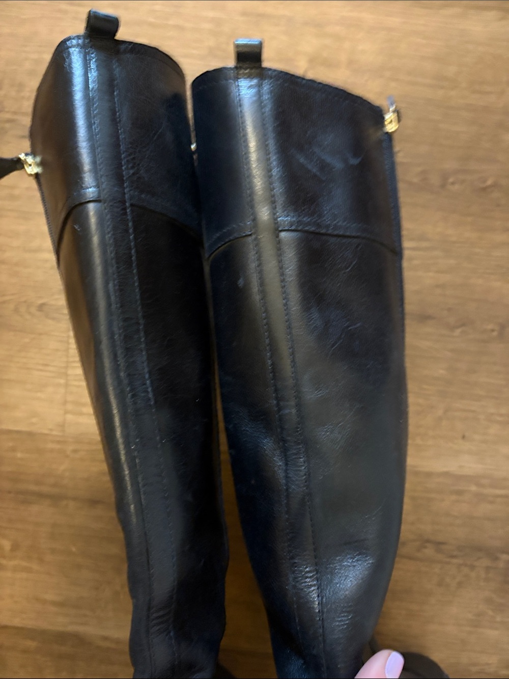 Tory Burch Black Leather Knee-High Riding Boots with Gold Logo - Picture 5 of 10